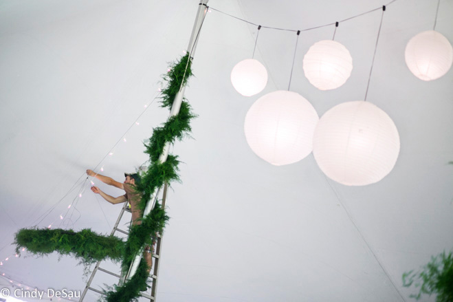 hanging lights in the tent