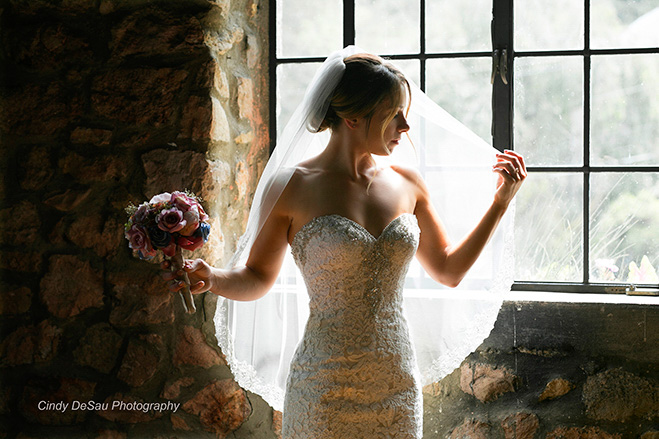 bride in window light holding veil